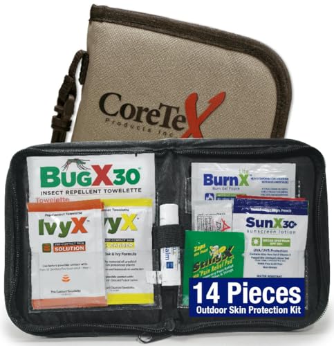 CoreTex 14-Piece Outdoor Skin Protection Kit – Includes Sunscreen, Insect Repellent, Poisonous Plant Solutions, Burn Gel Packets, Itch Relief Gel, Sting Relief Wipe, Hand Sanitizer & Nylon Zipper Case - style: 14 Piece Outdoor Protection Kit