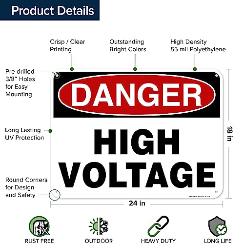 Danger High Voltage Sign, 18x24 Inches, 55 mil thick HDPE (high density - size: 18x24 - Polyethylene