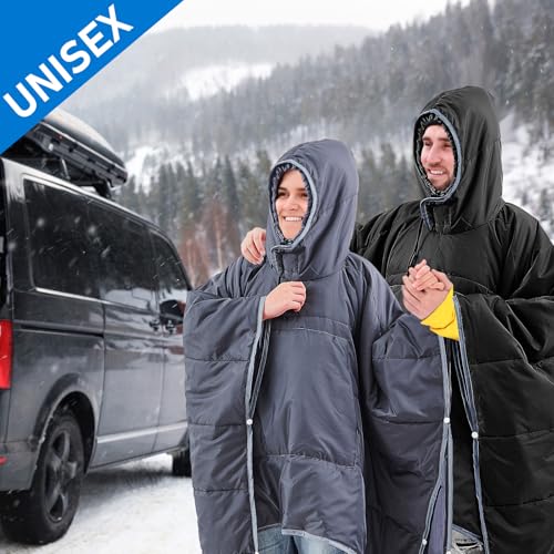 Preboun Thermal Poncho Wearable Hooded Blanket Winter Poncho Wearable Sleeping Bag Water Resistant Windproof for Men Women - color: Black and Dark Grey