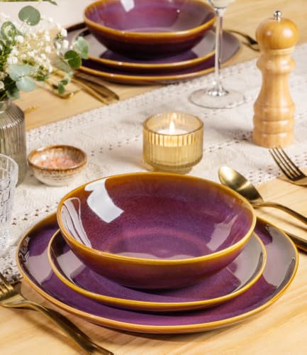 TheTerra Ceramic Dinnerware Set for 4, 12-Piece Plates and Bowls Set - color: Amber Amethyst
