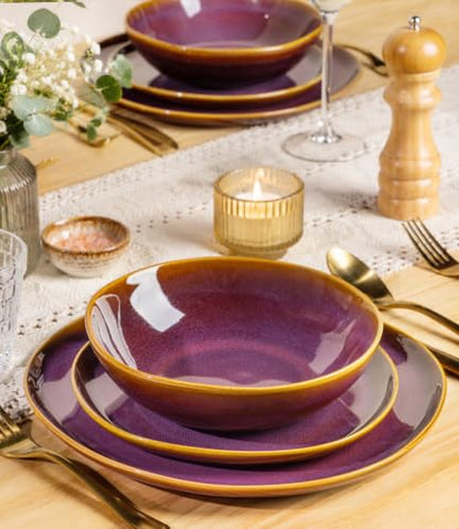 TheTerra Ceramic Dinnerware Set for 4, 12-Piece Plates and Bowls Set - color: Amber Amethyst
