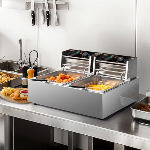 ROVSUN 22.8QT/21.6L Electric Deep Fryer, Commercial Deep Fryer with Baskets Lids Countertop, Stainless Steel Dual Tank Kitchen Fat Fryer Frying Machine for French Fries Donuts, Adjustable Temp, 3400W - size: 22.8QT