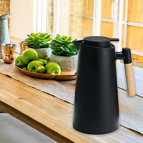 1L Thermal Carafe Double Walled Vacuum Coffee Pot Thermal Pot with Wood Handle Water Kettle Insulated Flask Tea Carafe Keeping Hot Cold (Black) - color: Black