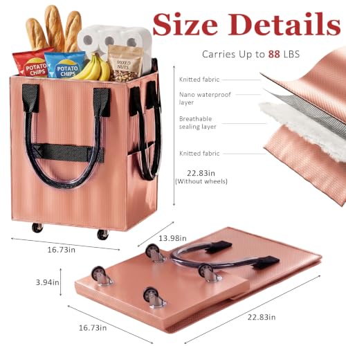 Reusable Grocery Bag on Wheel, Foldable Shopping Cart with Wheels, Can Carry up to 67 Pounds, Suitable for Groceries, Laundry, Camping and Moving. (Rose Gold - Medium) - color: Rose Gold - Medium