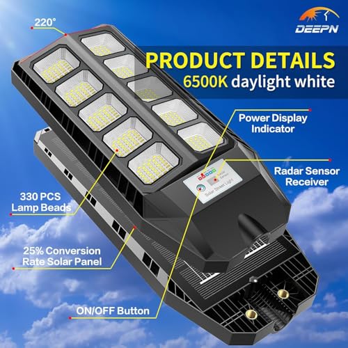 Deepn Solar Lights Outdoor, 8000W Solar Street Lights Outdoor Motion Sensor
