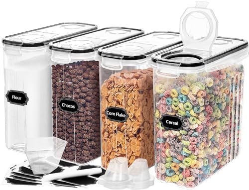 Skroam 4PCS Cereal Containers Storage [4L/135.2 oz], Airtight Food Storage Containers with Pour Spout for Kitchen & Pantry Organization Storage, Plastic Cereal Dispensers, Measuring Cup & 20 Labels - color: 4 PACK
