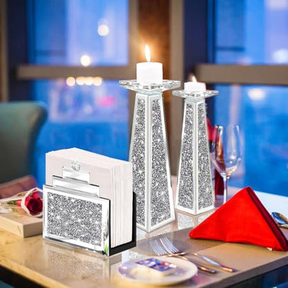 Wocred Mirror Napkin Holder,Crystal Crushed Diamond Vertical Holder,Cute Tissue Holder Holds Napkins Upright for Bathroom，Dining Table，Kitchen Table.(6.8”X5.9”X3”) - size: 6x3x6.8 inch