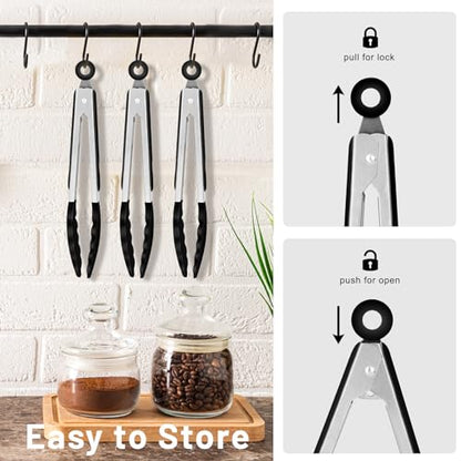 HOTEC Small Silicone Kitchen Tongs 7-Inch Mini Serving Tongs, Set of 3 - color: Black