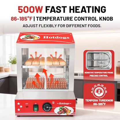 29 QT Hot Dog Steamer with Bun Warmer - Electric Steaming Machine 2-Tier Capacity for 175 Hot Dogs & 40 Buns, Visible Glass Slide Doors for Commercial Home Use