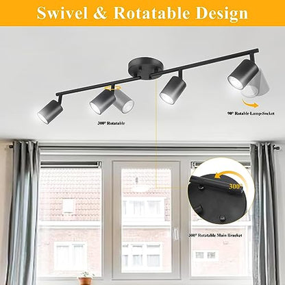 BoostArea LED 4 Light Track Lighting Kit, Black 4 Way Ceiling Spot Lighting, Flexibly Rotatable Light Head for Kitchen, Living Room, Bedroom, Bulb Not Included - color: 4 Light