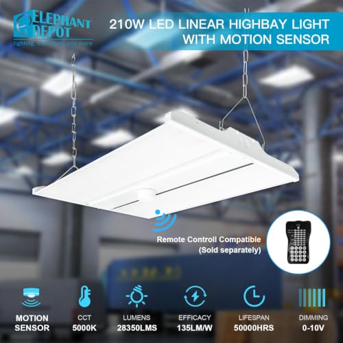 2 PK 2FT LED Linear High Bay Shop Lights with Motion Sensor,210W,28350LM,135LM/W,5000K High Bay Lights,120-277V,0-10V Dimmable UL and DLC Listed Commercial Bay Lighting for Garage,Shop - size: 210W