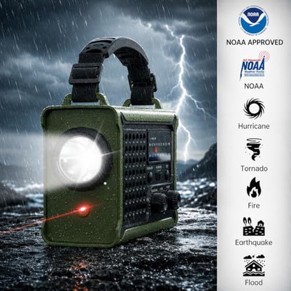 12000mAh/44400mWh Emergency Radio, NOAA Weather Radio, Hand Crank & Solar - color: Amy Green
