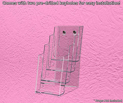 Marketing Holders 4”W Brochure Holder Displays Organizer Handout Take One Advertisements Tri-fold Brochures Acrylic Four Pocket Counter Top or Wall Mount Design Tiered Pamphlet Maps Menu
