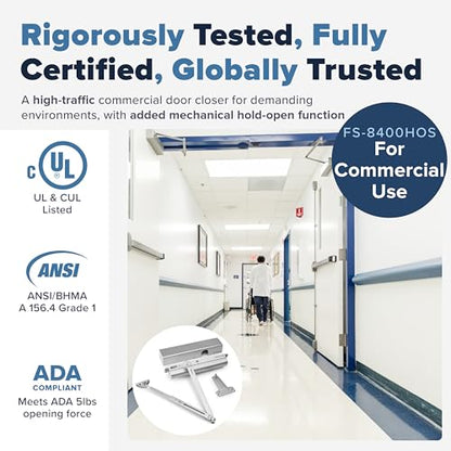FORTSTRONG Commercial Door Closer - FS-8400 - Heavy Duty Adjustable Grade 1 Standard Automatic Door Closing Hinge - ADA Compliant - Hold Open Function - color: FS-8400HOS