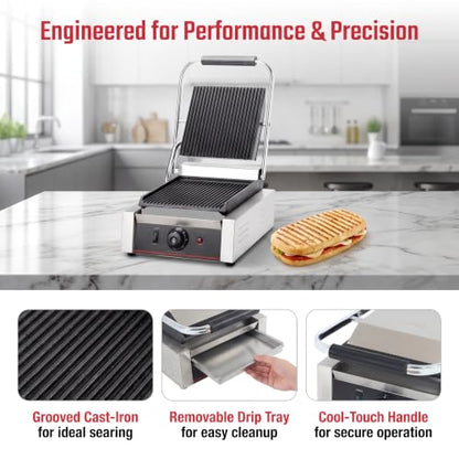 Commercial Panini Press With Grooved Grill Sandwich Maker Machine Electric Contact Grill Single (Single Grooved Top&Bottom) - style: Single Grooved Top&Bottom