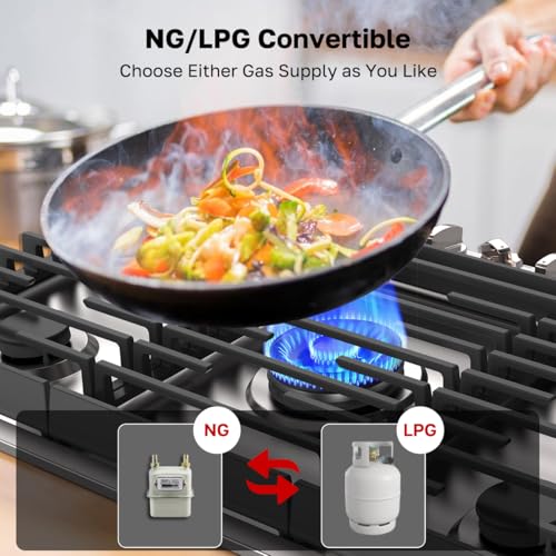ThermoMate Heavy 30 Inch Gas Cooktop with 5 Italy Sabaf Power Burners, Built In Stove Top of 304 Stainless Steel, Gas Hob NG/LPG Convertible, Thermocouple Protection CSA Certified - size: 30 inch 5 burners