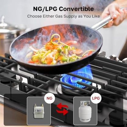 ThermoMate Heavy 30 Inch Gas Cooktop with 5 Italy Sabaf Power Burners, Built In Stove Top of 304 Stainless Steel, Gas Hob NG/LPG Convertible, Thermocouple Protection CSA Certified - size: 30 inch 5 burners