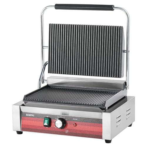 EGGKITPO Commercial Panini Press Grill with Grooved Plates Electric Sandwich Maker with Adjustable Temp Control 110V 1700W 14"×9.5" Ribbed Enamel Plates for Breakfast and Hamburger in Home Kitchen - size: 14"×9.5” Grooved Plate