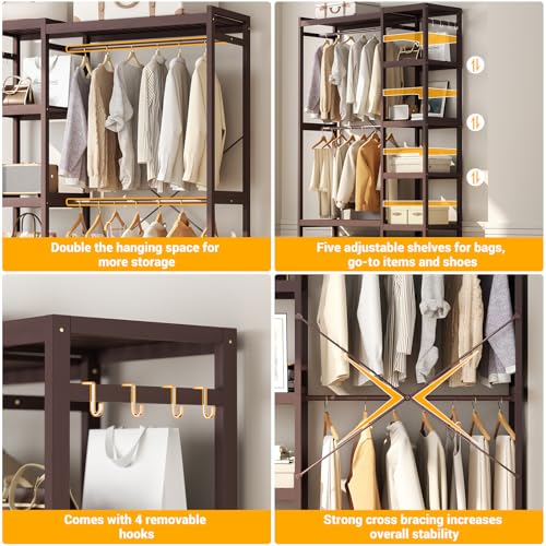Homykic Bamboo Clothing Rack with 7 Adjustable Shelves, 2 Rods, Espresso - color: Espresso, size: II Medium