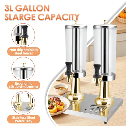 1.58 Gallon Beverage Dispenser with Stand, Insulated Drink Dispenser for Parties with Ice Chamber, Heavy Duty Stainless Steel Drip Tray for Coffee, Tea, Bar, Wedding (GOLD, 2 Head-1.58 GAL) - color: Gold
