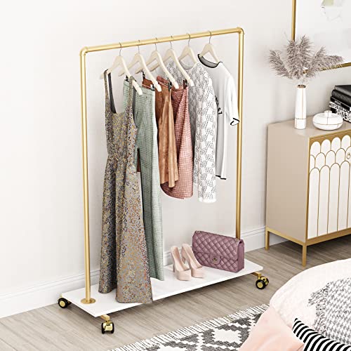 Gold Metal Clothing Rack with Wood Shelf, Heavy Duty Rolling Garment Rack with Wheels for Bedroom Retail Boutique Use (49.21L inches) - style: single-medium