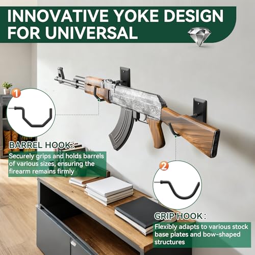 Horizontal Gun Wall Mount for Indoor Display - Yoke Design Rifle Wall Mounts, Heavy Duty Steel Shotgun Wall Holder, Adjustable Bow Wall Hanger, Wall Mount Gun Hooks with Protective Composite Padding - color: 1 Pair