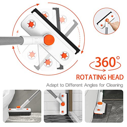 Floor Scrub Brush with Long Handle, 3-in-1 Rotating Scrubber with Squeegee