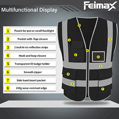 FEimaX High Visibility Safety Vest Mesh Work Vests with Reflective Strips - color: Black, size: Small