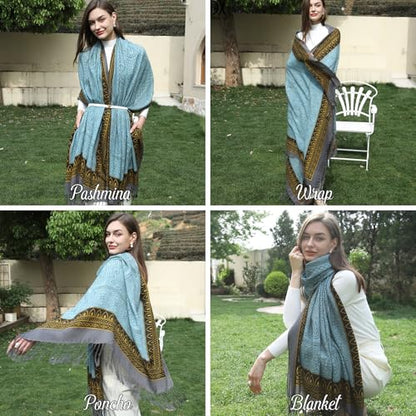 DANA XU 100% Merino Wool Extra Large Pashmina Shawl for Women - color: Blue Gold Floral