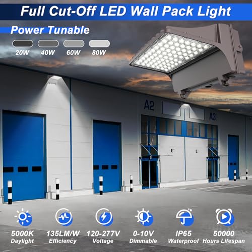 80W LED Full Cut-Off Wall Pack Light with Photocell, 5000K Wattage Tunable - size: 20/40/60/80W