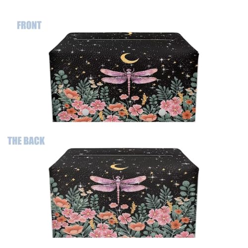 Dragonflies Rectangular Tissue Box Cover Black Paper Case Organizer Holder for Bedroom PU Leather Flowers Tissue Case Decorative Organizer for Bedroom - color: Dragonflies and Flowers