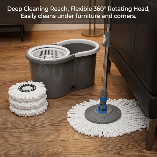 Spin Mop and Bucket System, 360° Rotating Wet & Dry Mop with Stainless Steel Handle, Includes 4 Washable Microfiber Mop Heads, Self-Wringing Floor Cleaning Set for Hardwood, Tile, Laminate