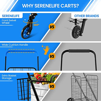 SereneLife Shopping Cart - Swivel Front Wheels, Portable and Collapsible Design, with Detachable Basket, Ideal for Grocery, Laundry, and Shopping, 110 lbs Weight Capacity