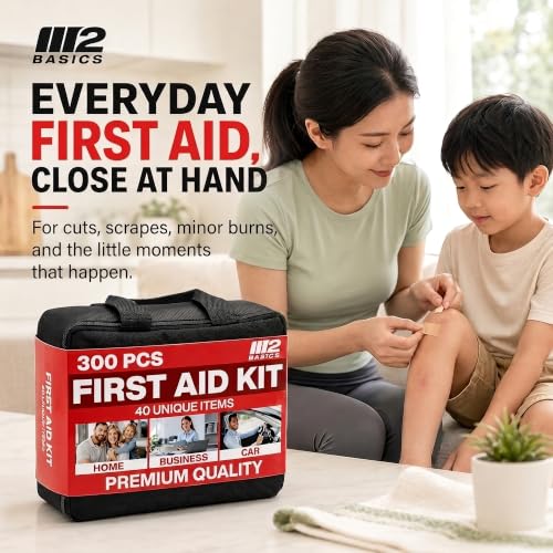 M2 BASICS 300 Piece First Aid Kit w/Durable Bag for Home, Business, Office