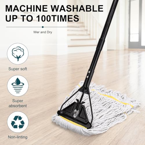 Commercial Industrial Mop,59" Handle,3 Extra Large White Replacement Heads - size: Black Metal Handle + 3 White Heads