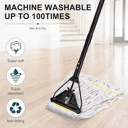 Commercial Industrial Mop,59" Handle,3 Extra Large White Replacement Heads - size: Black Metal Handle + 3 White Heads