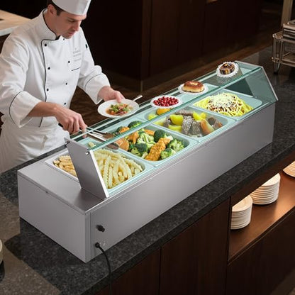 VEVOR Commercial Food Warmer, 1500W Electric Stainless Steel Steam Food Warmer with Glass Cover, 4-Pan Countertop Buffet Bain Marie with Soup & Perforated Ladles, for Catering, Restaurant & Party - size: 4x1/2Pan;48QT