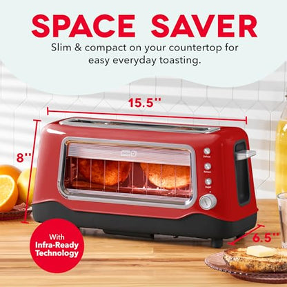 Dash Clear View Toaster | 10" Long Slot 2 Slice Toaster with See-Through Glass Window, 7 Browning Levels, Bagel, Defrost & Reheat Functions, Removable Glass Panel, Crumb Tray, Red - color: Red