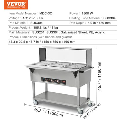 VEVOR 3-Pan Commercial Food Warmer, 3 x 20.6QT Electric Steam Table, 1500W Professional Buffet Catering Food Warmer with Acrylic Sneeze Guard, Food Grade Stainless Steel Server for Party Restaurant - size: 3-Pan (72 QT)