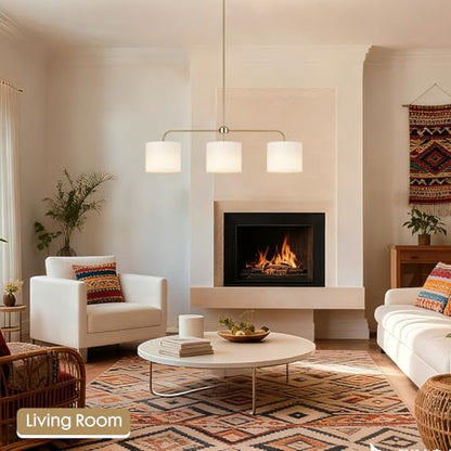 3 Light Gold Linear Chandelier with Linen Beige Drum Shades,Modern Pendant Light Fixture for Kitchen Island,Dining Room,Living Room,Mid-Century Ceiling Light Fixture,Adjustable Height Island Light - color: 3 Light-Gold