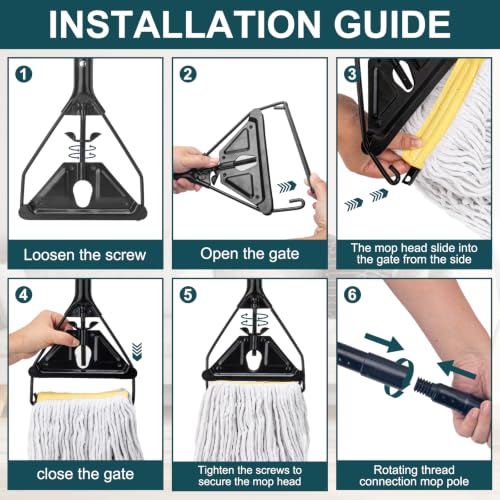 Commercial Industrial Mop,59" Handle,3 Extra Large White Replacement Heads - size: Black Metal Handle + 3 White Heads