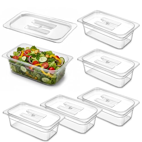 6 Pack 1/3 Size 4" Deep Polycarbonate Food Pans Plastic Clear Food Pans with Lids Stackable Transparent Foo d Storage Containers for Kitchen Restaurant Foo d Prep, Freezer-Safe