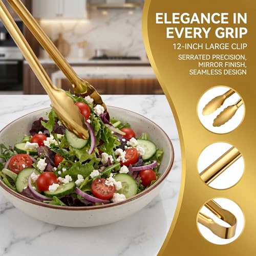 4 Pack Serving Tongs 12 Inch Salad Tongs Buffet Tongs Stainless Steel Food Tong Serving Utensils for Buffet Wedding Party Catering (12 Inch, Gold) - color: Gold, size: 12 Inch