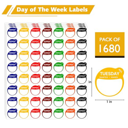 1680 Pcs 1" Round Day of The Week Labels, Removable & Writable Food Stickers in English/Español/Français for Restaurant Kitchen Containers and Inventory Management (Inches, Round 1) - color: White