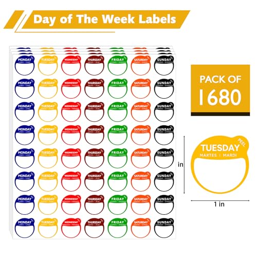 1680 Pcs 1" Round Day of The Week Labels, Removable & Writable Food Stickers in English/Español/Français for Restaurant Kitchen Containers and Inventory Management (Inches, Round 1) - color: White