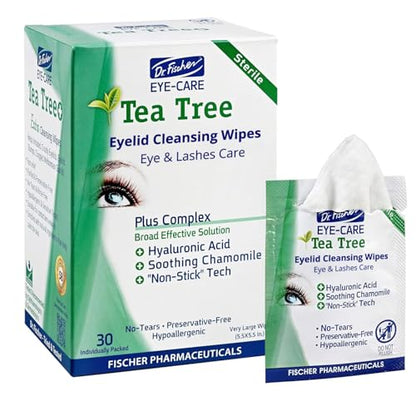 Dr. Fischer Tea Tree Oil Eye Wipes - Eyelid Wipes for Sensitive Eyes with Hyaluronic Acid and Chamomile, Makeup Remover, Daily Cleanser (30 wipes) - size: 30 Count (Pack of 1)