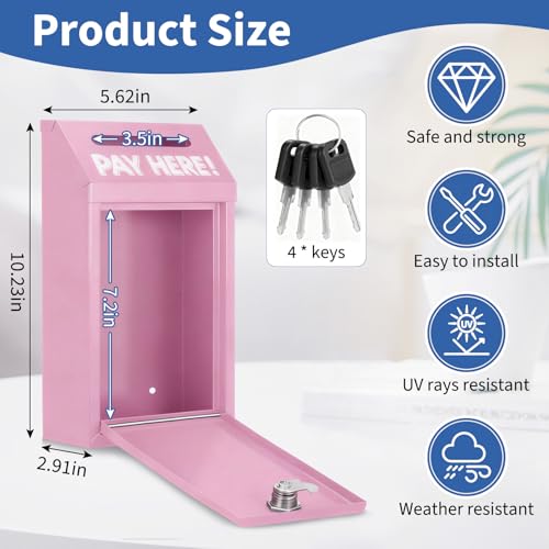 Cash Money Box with Slot – 10.2In Metal Donation Box with Lock for Cash Deposit,Wall Mounted Money Drop with Lock and Slot for Home/Farm/Office/Outdoors (Pink) - color: Pink