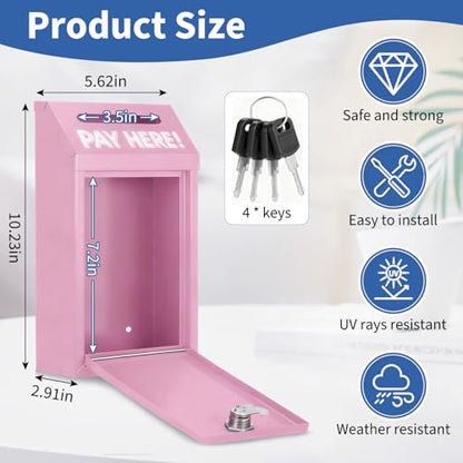 Cash Money Box with Slot – 10.2In Metal Donation Box with Lock for Cash Deposit,Wall Mounted Money Drop with Lock and Slot for Home/Farm/Office/Outdoors (Pink) - color: Pink