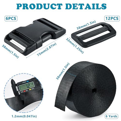 Buckle Straps Set 1-1/2'' - 6 Yards Nylon Webbing 1.5 inch, 6 PCS Dual Side Release Buckles, 12 PCS Tri-Glide Sliders, Heavy Duty Dual Adjustable No Sewing Kit - size: 1-1/2 inch