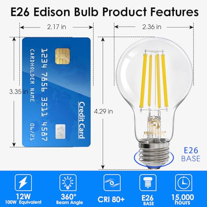 Energetic Dimmable A19 LED Edison Light Bulb, 12W Equivalent 100W, 1600LM High Brightness, 5000K Daylight, Clear Antique LED Filament Bulb for Home, Bathroom, E26 Standard Base, 6-Pack - size: 6 Count ( Pack of 1)